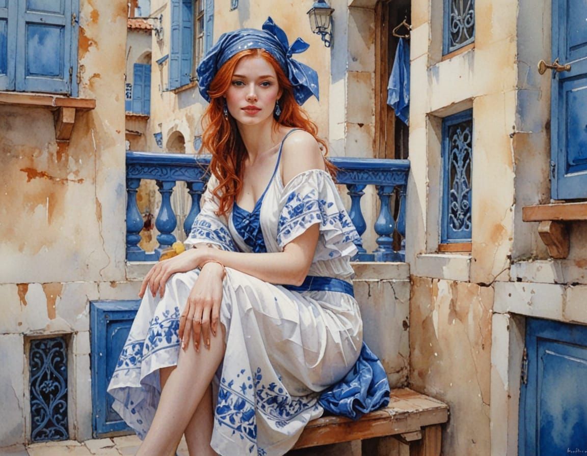 Redhead in Delft Blue Watercolor Style