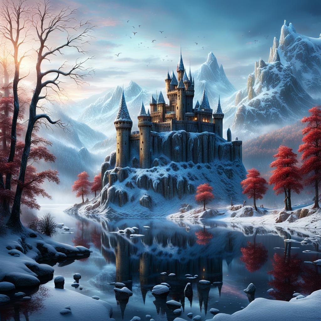 Mystical Winter Landscape with Castle Ruins