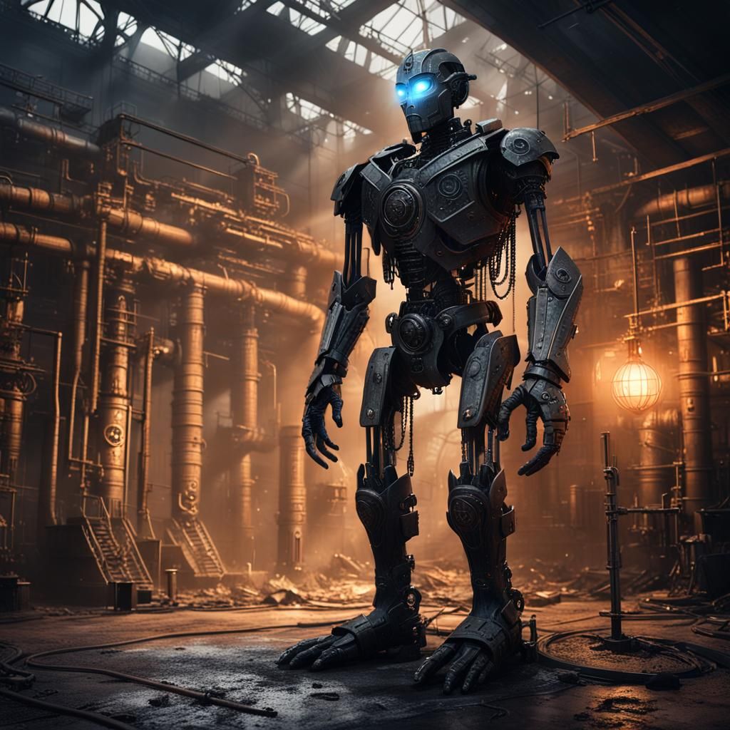 Imposing Steel Construct in Dark Fantasy Industrial Art