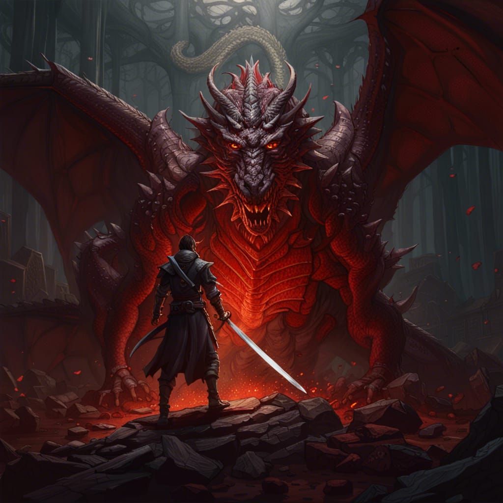 Bloody Swordsman Slaying Dragon in Dark Fantasy Style