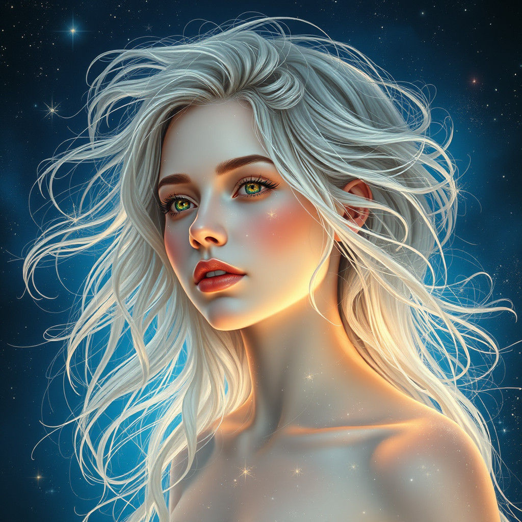 Celestial Woman Shimmers in Cosmic Dreamscape