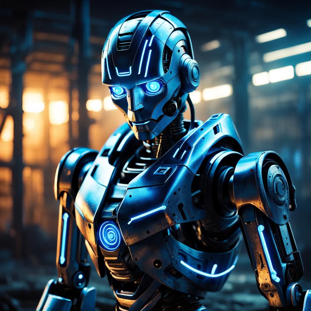 Cyberpunk Robot in Abandoned Factory Concept Art