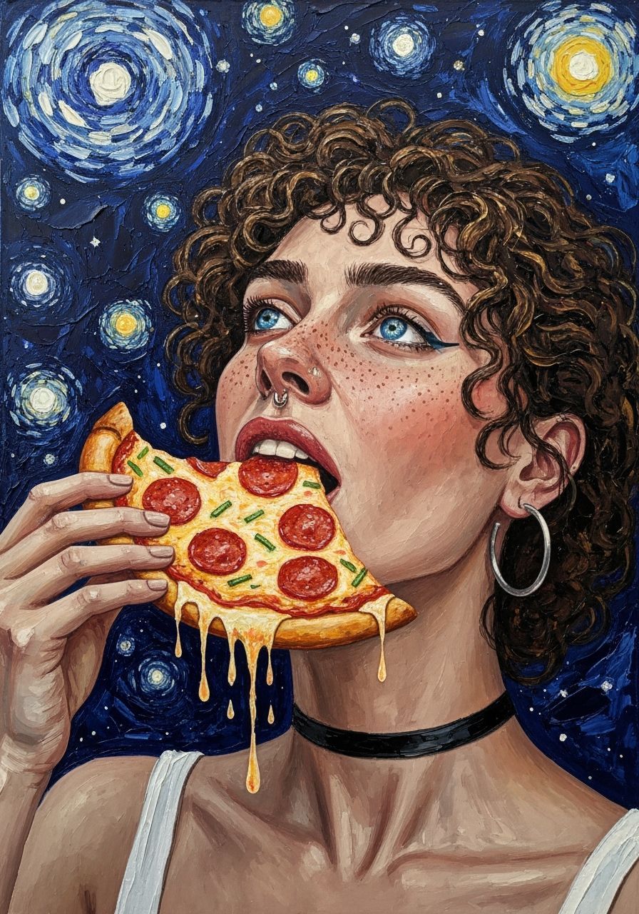 Surreal Impasto Oil Painting of Dreamy Person Eating Moon Pi...