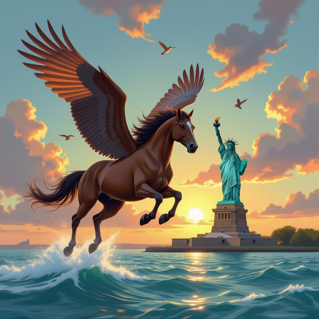 Winged Horses Fly Around Liberty Statue