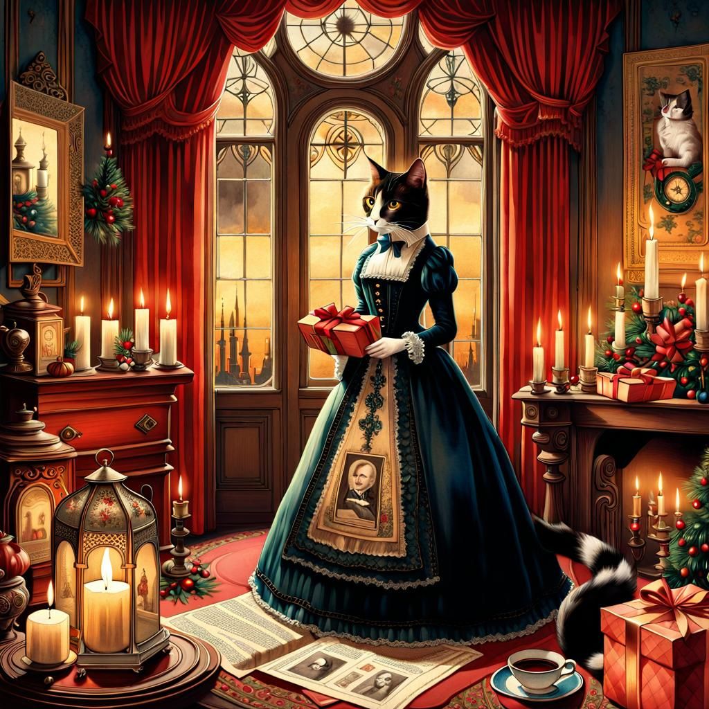 Victorian Cat Unwraps Christmas Treasures in Whimsical Water...