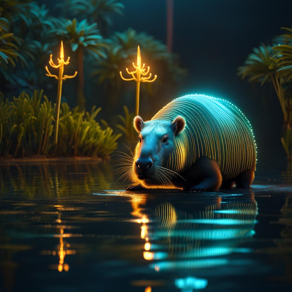 Armored Capybara in Bioluminescent Style