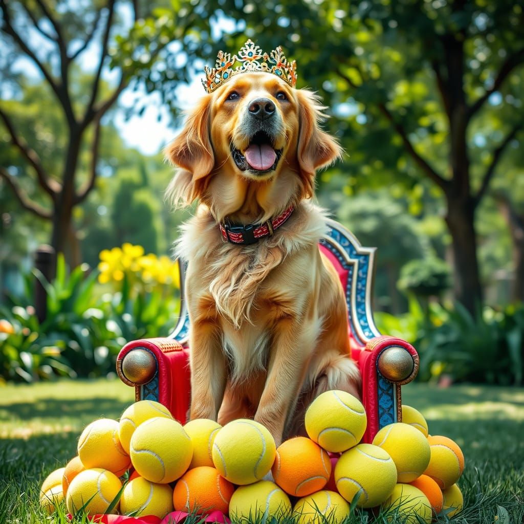 Golden Retriever King on Tennis Ball Throne