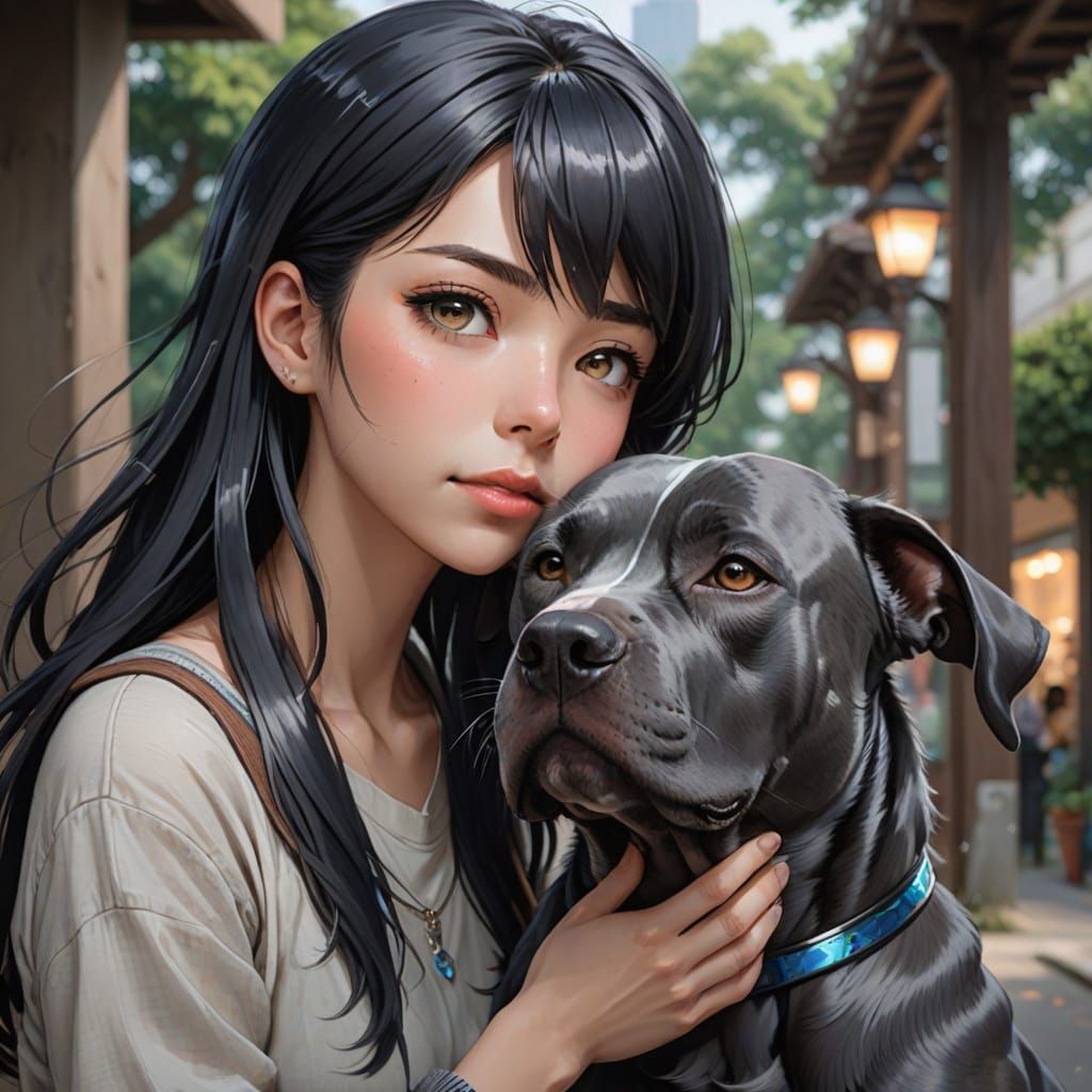 Anime Woman and Pitbull Share Affectionate Moment