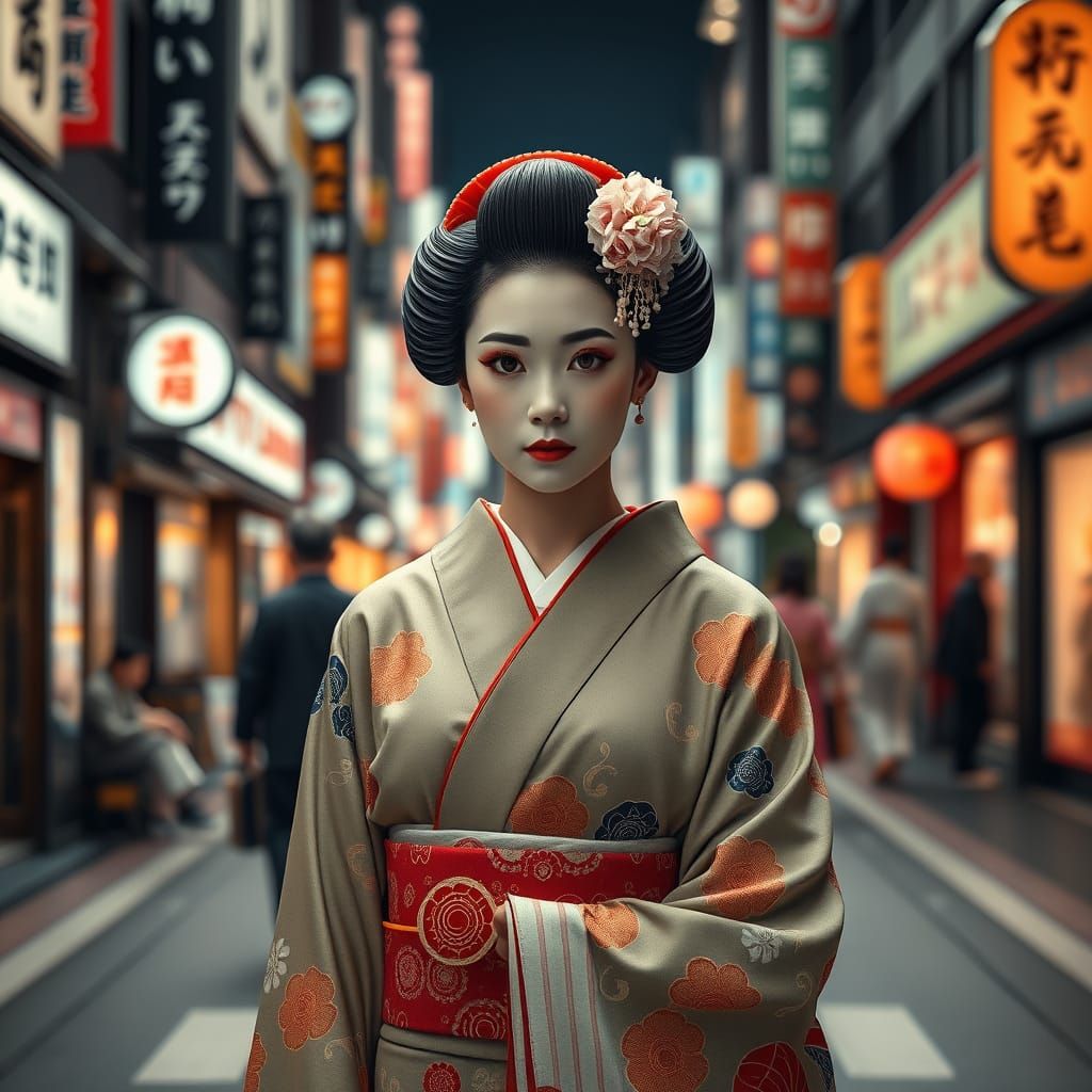 Geisha in Tokyo: Hyperrealistic Photo Inspired by Isozaki Ao...