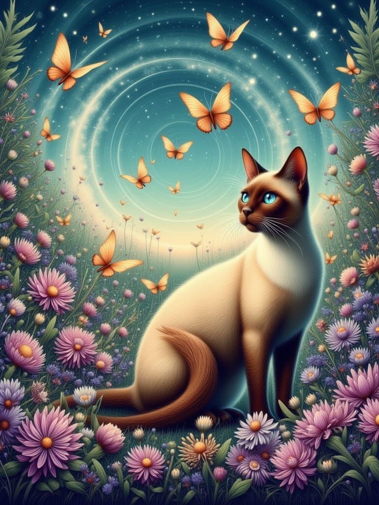 Detailed Schematic of Elegant Siamese Cat with Colorful Land...