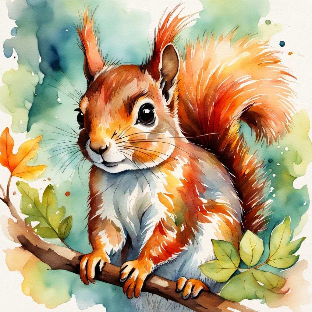 Whimsical Squirrel Portrait in Watercolor Style