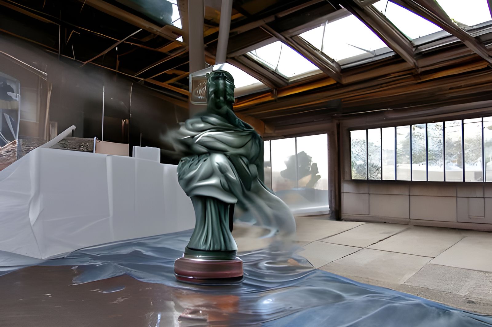 Statue with Motion Blur in Rainy Indoor Scene