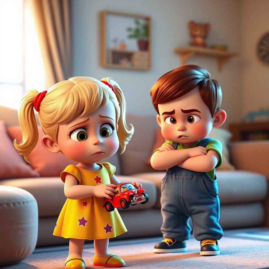 Cute Toddlers Arguing Over Toy Car in Cozy Living Room