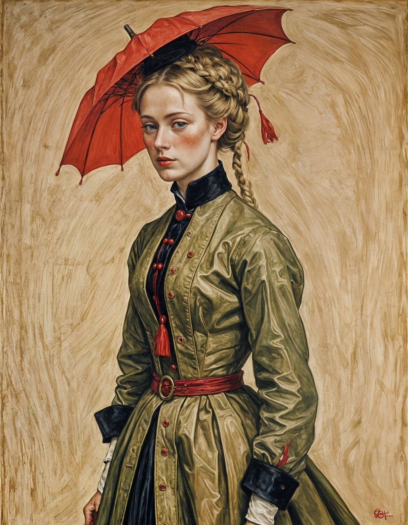 Woman with Red Umbrella in Expressionist Style