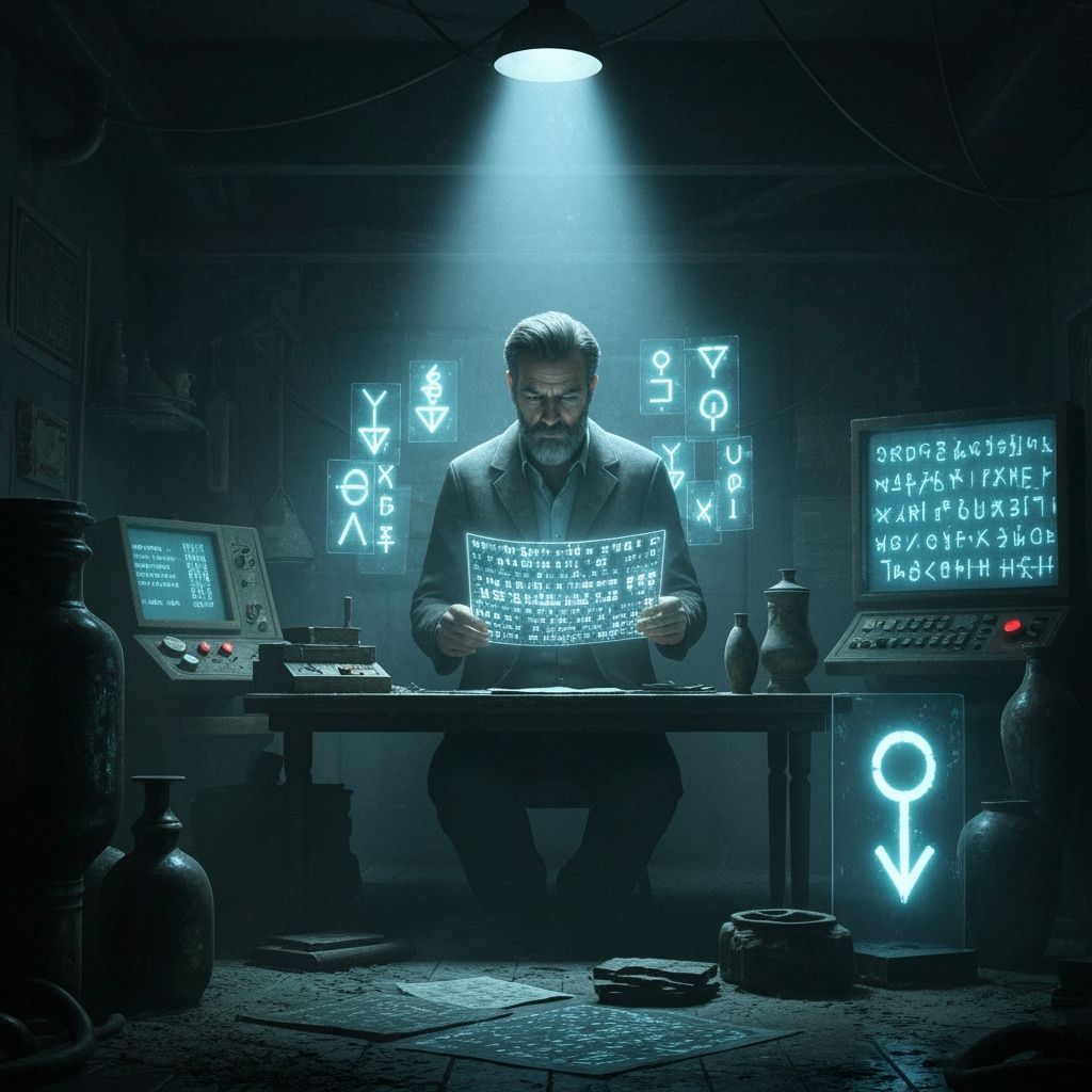 Cryptic Figure Deciphers Code in Dimly Lit Room