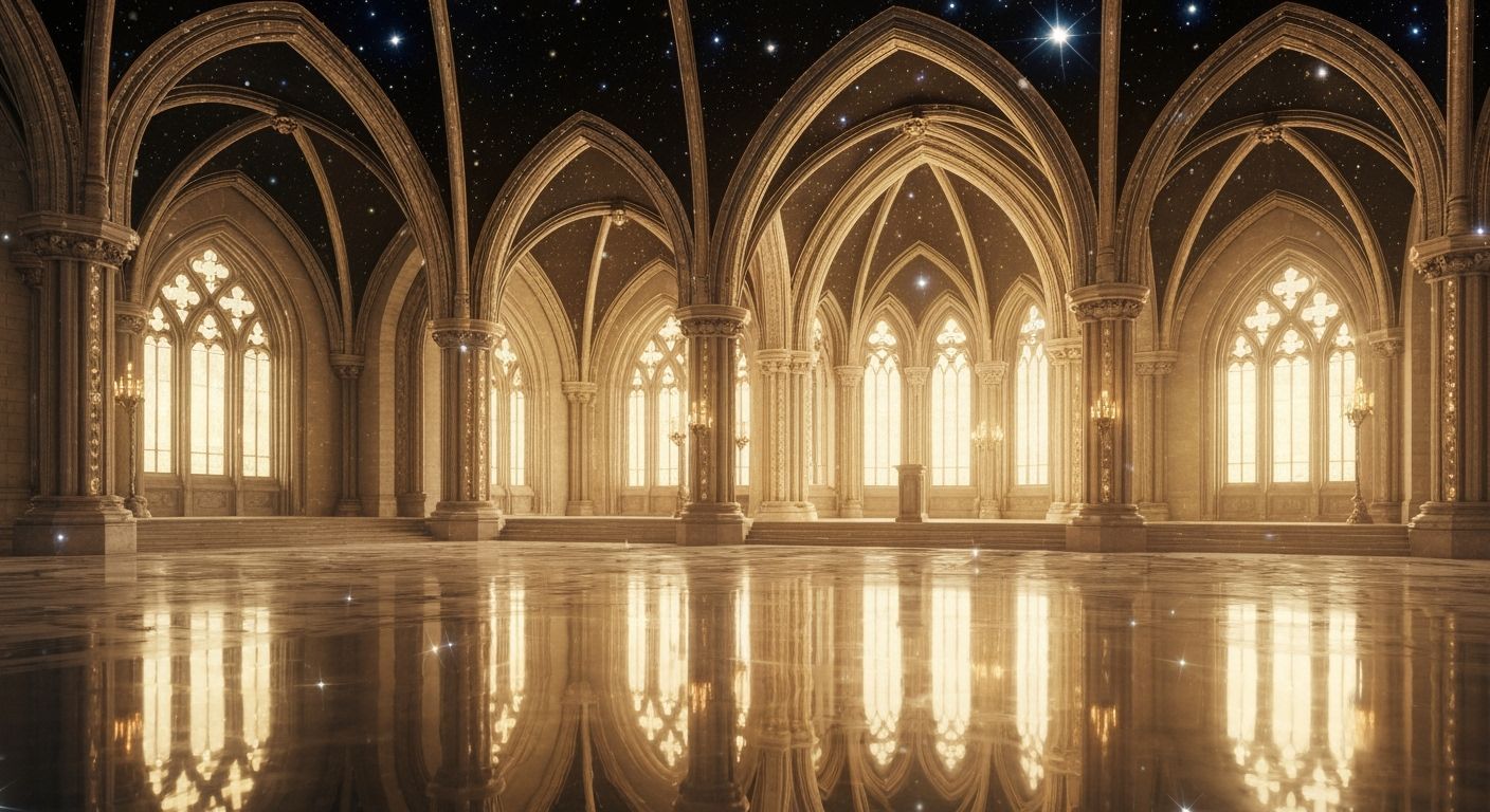Futuristic Gothic Cathedral Interior with Golden Details