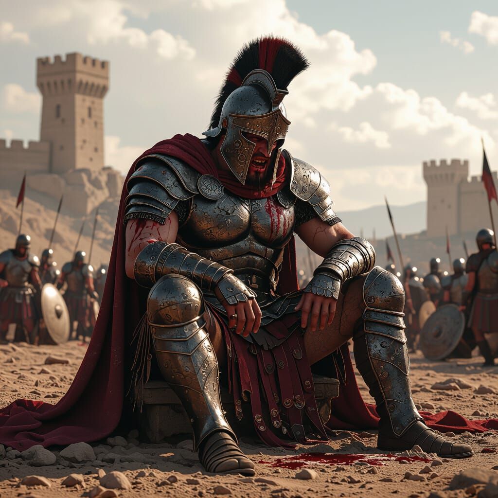 Exhausted Gladiator Knight on Battlefield in Fantasy Art Sty...