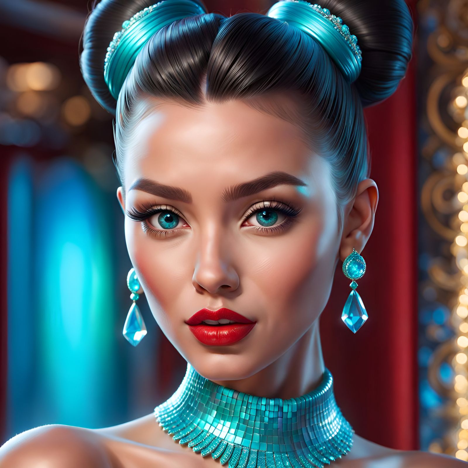 Gorgeous Woman with Cyan Jewels, Hyper-Detailed 3D Render