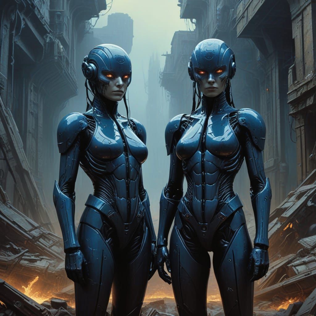 Glowing Siamese Twins Stand Firm in Futuristic Warzone