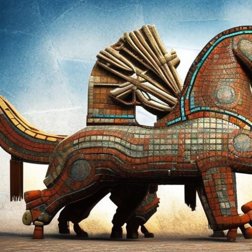 Mosaic Trojan Horse Towers Over Ancient City