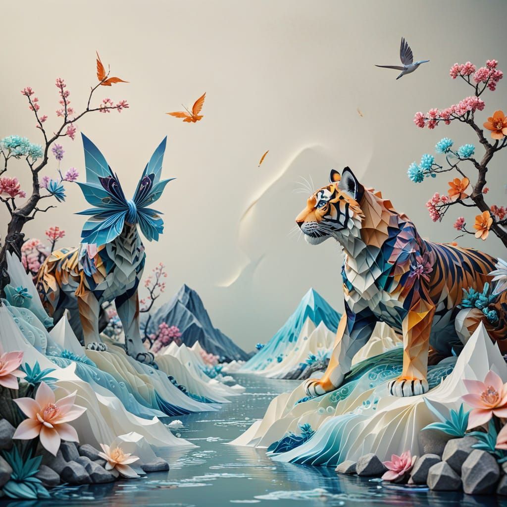 Surreal Japanese Scroll Reveals Majestic Tigers Amidst Whims...
