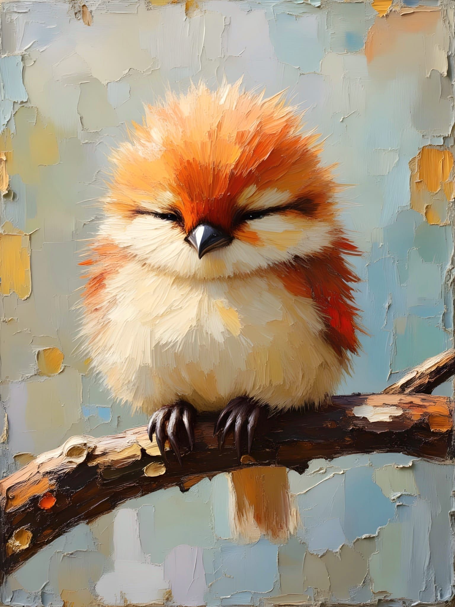 Fuzzy Bird on Branch as Impasto Oil Painting