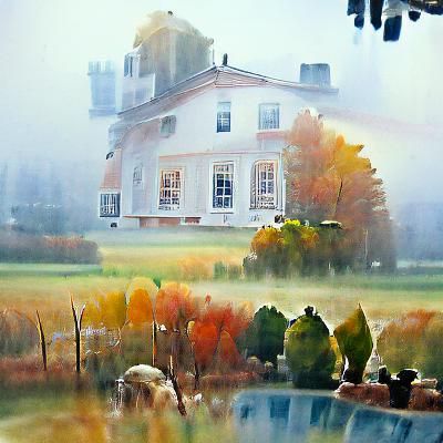 Country Mansion on Foggy Morning in Watercolour