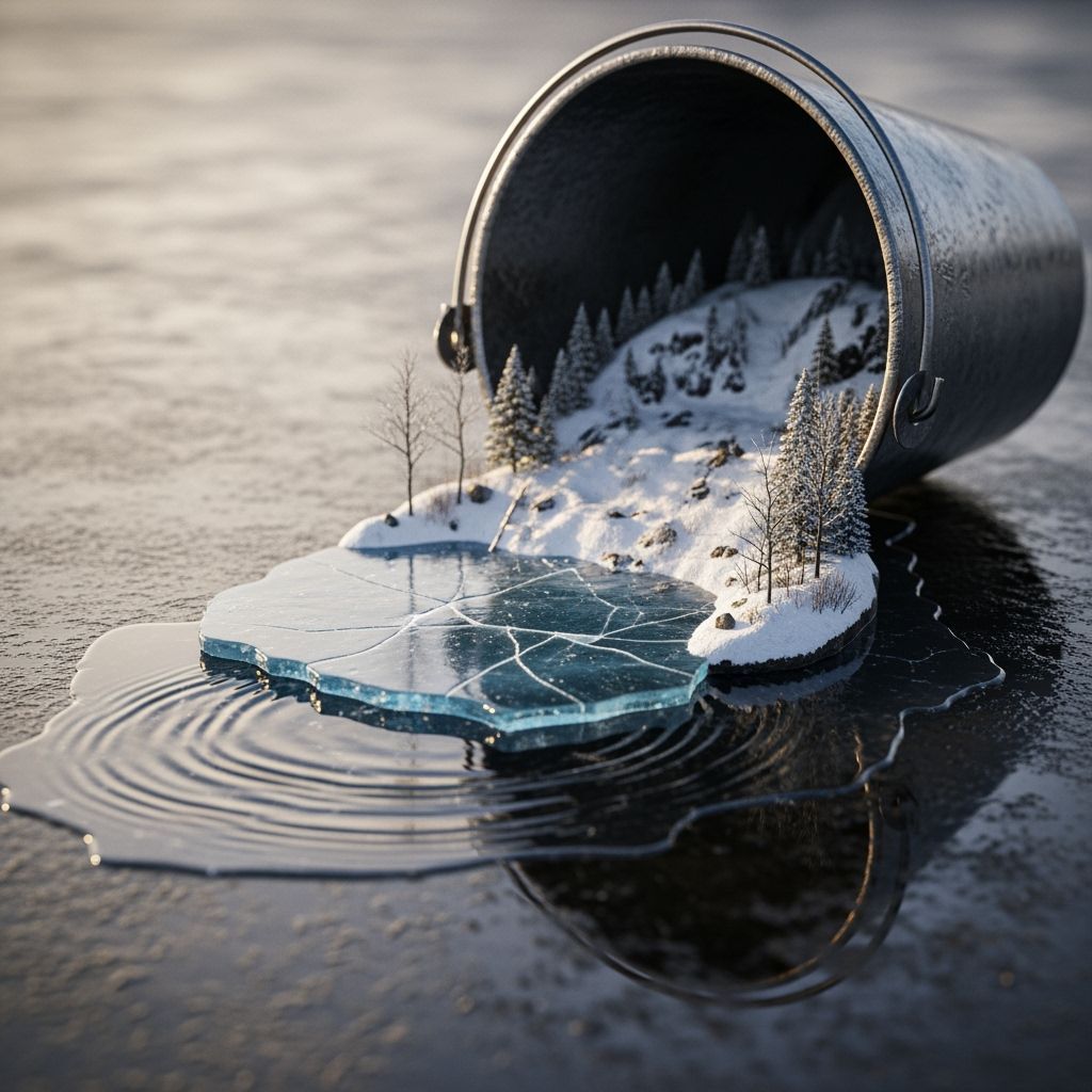 Winter Lake Scene Spills From Bucket in Cinematic Light