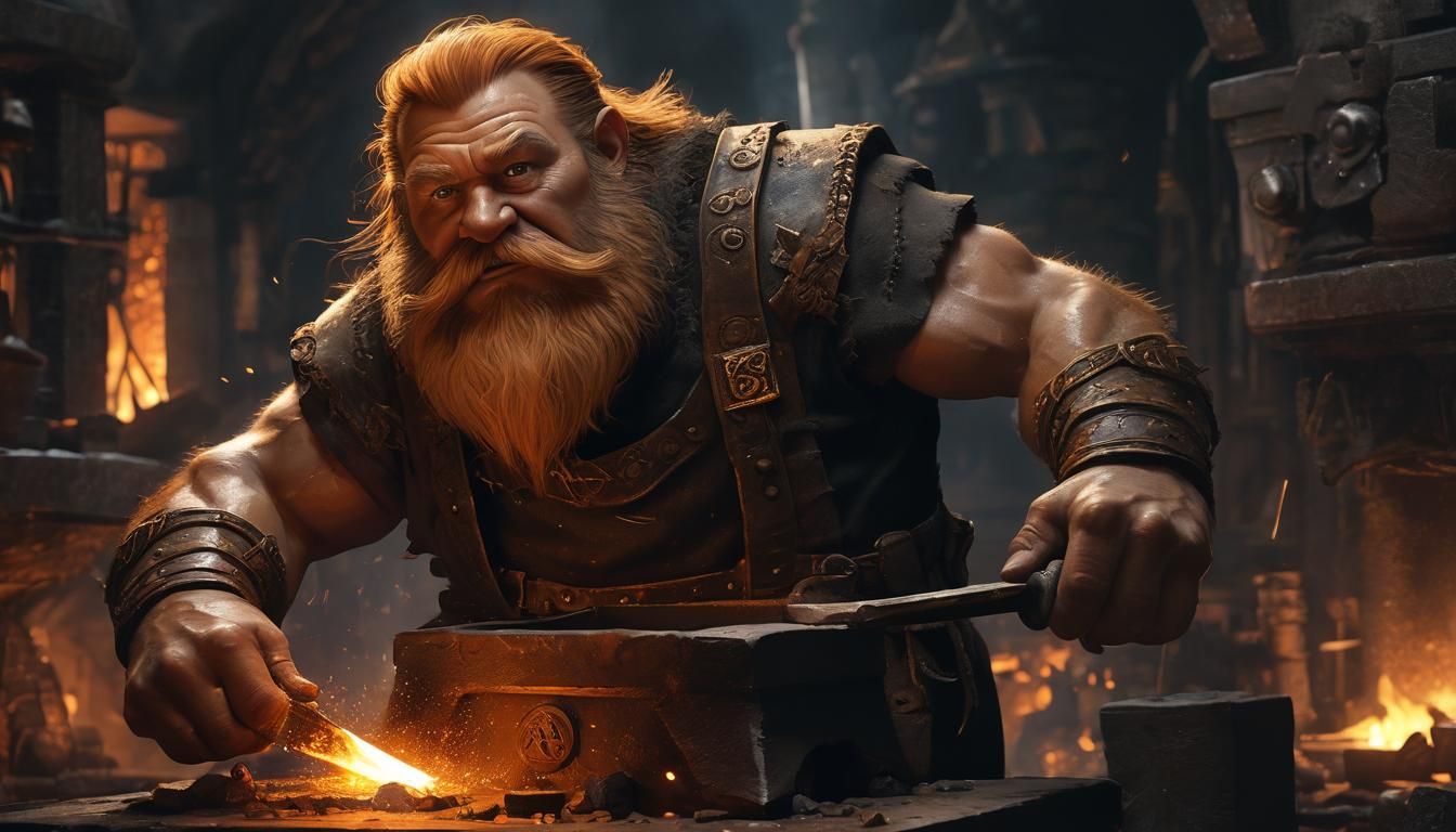 Dwarf Forging Ring in Furnace Light: Fantasy Illustration
