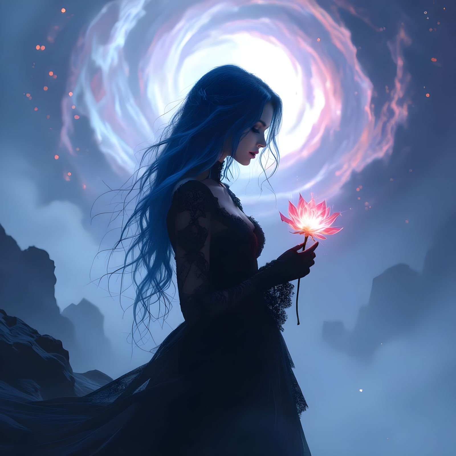 Gothic Woman at Abyss in Cosmic Surrealism Style