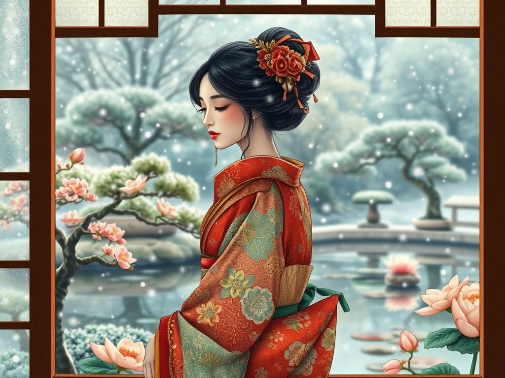 Stained Glass Beauty in Kimono with Snow