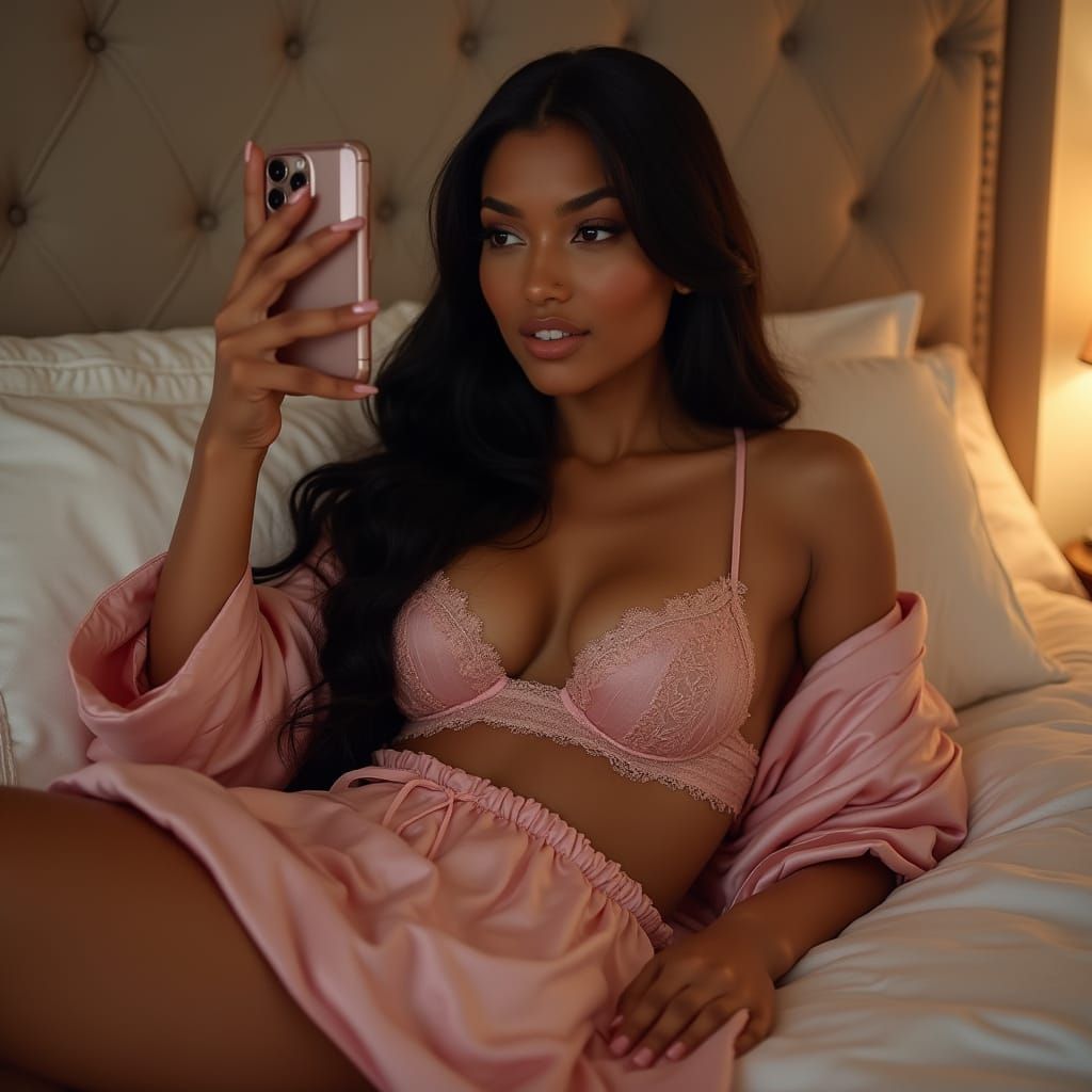 Elegant Young Woman Exudes Glamour in Softly Lit Bedroom