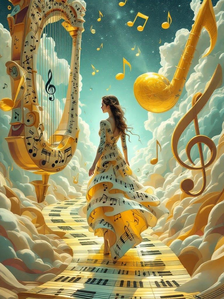 Harmonious Surrealist Landscape with Musical Instruments and...