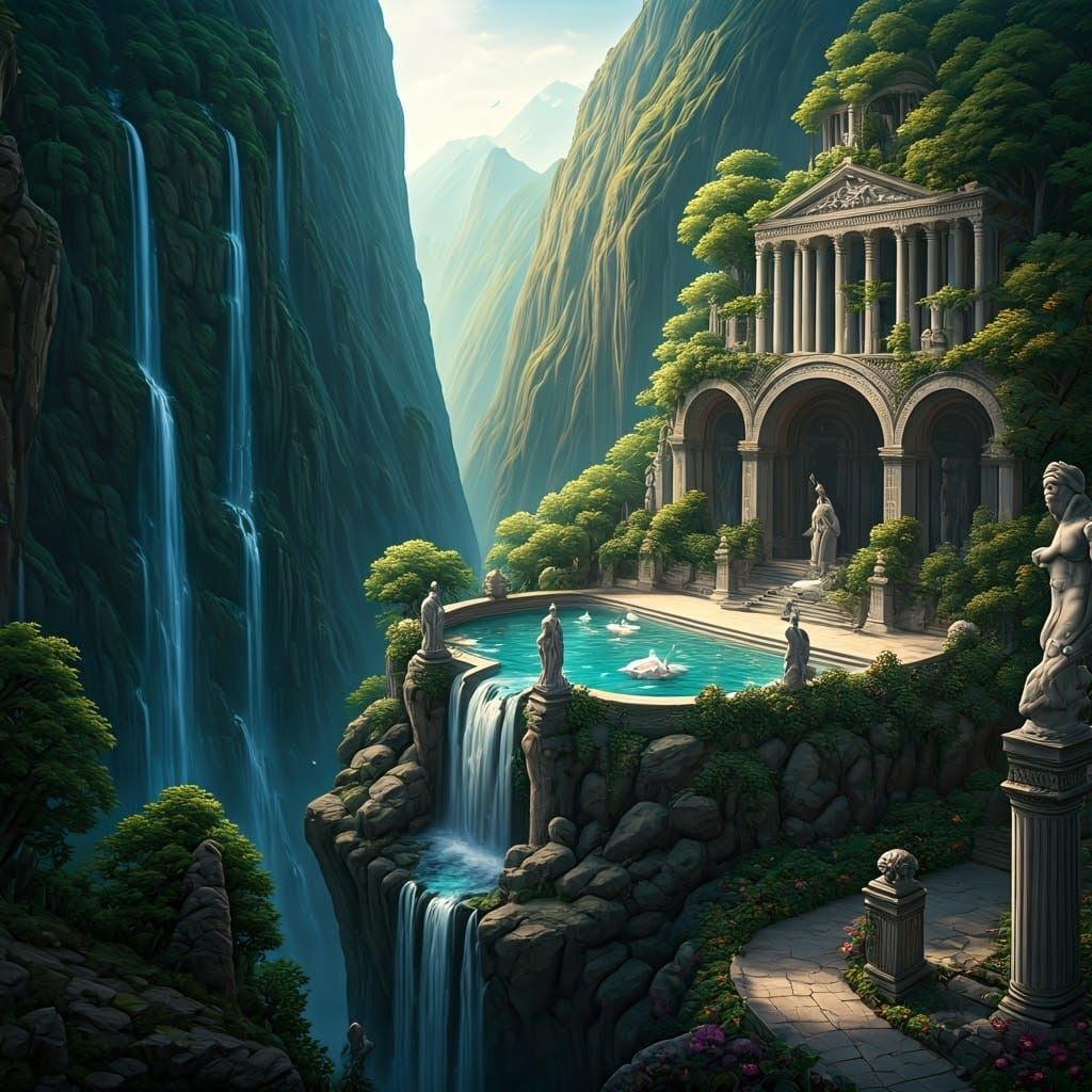 Greek Godly Garden Amidst Majestic Mountainscape