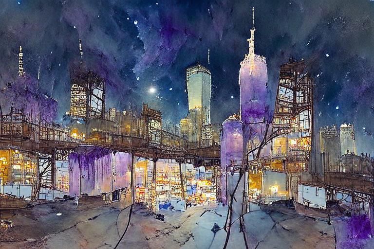 New York City Skyline Watercolor Under Starry Sky