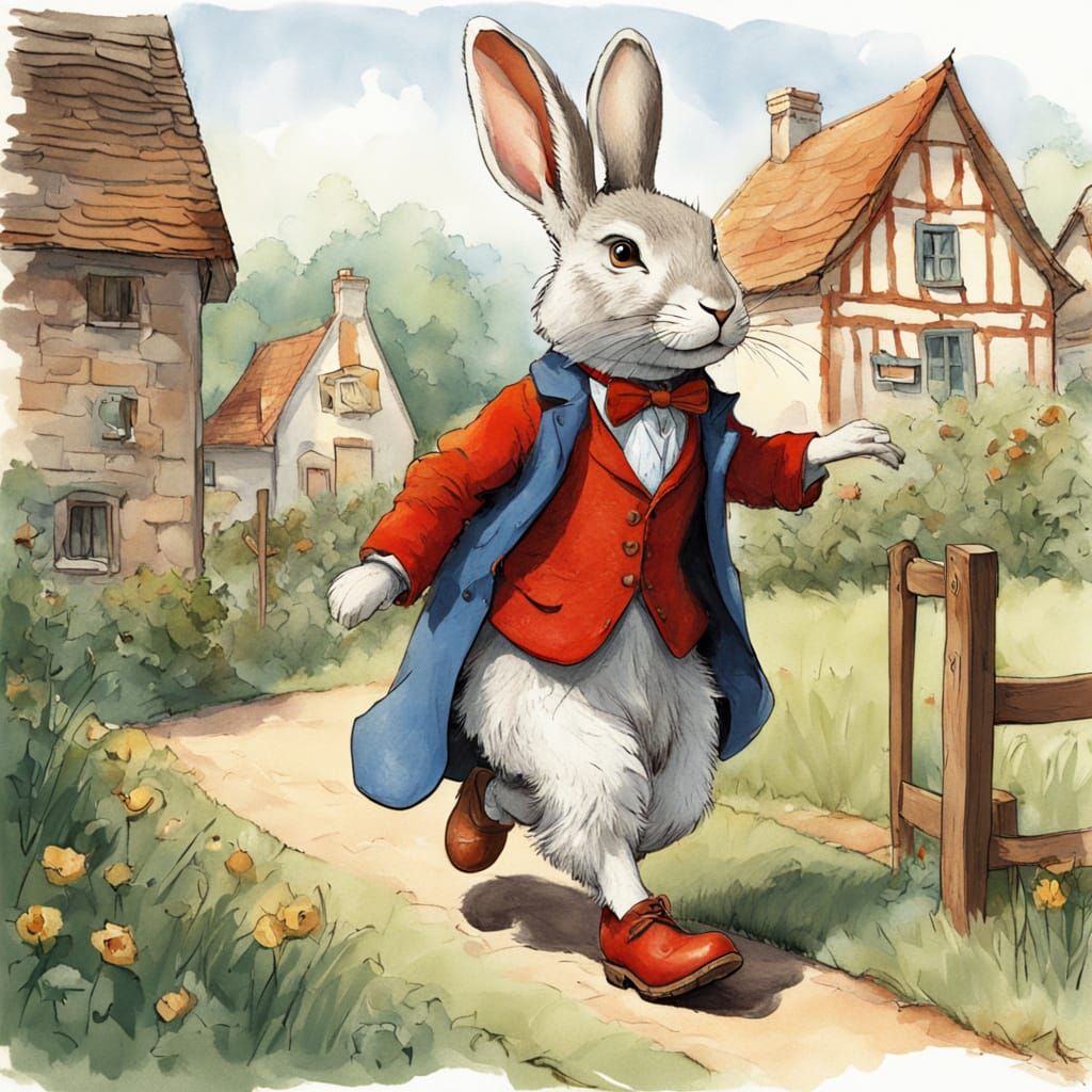 Rabbit in Blue Coat and Red Boots on Village Green