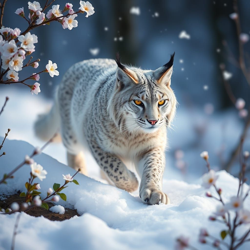 Majestic Silver Lynx Leaps Amidst Vibrant Spring Blooms