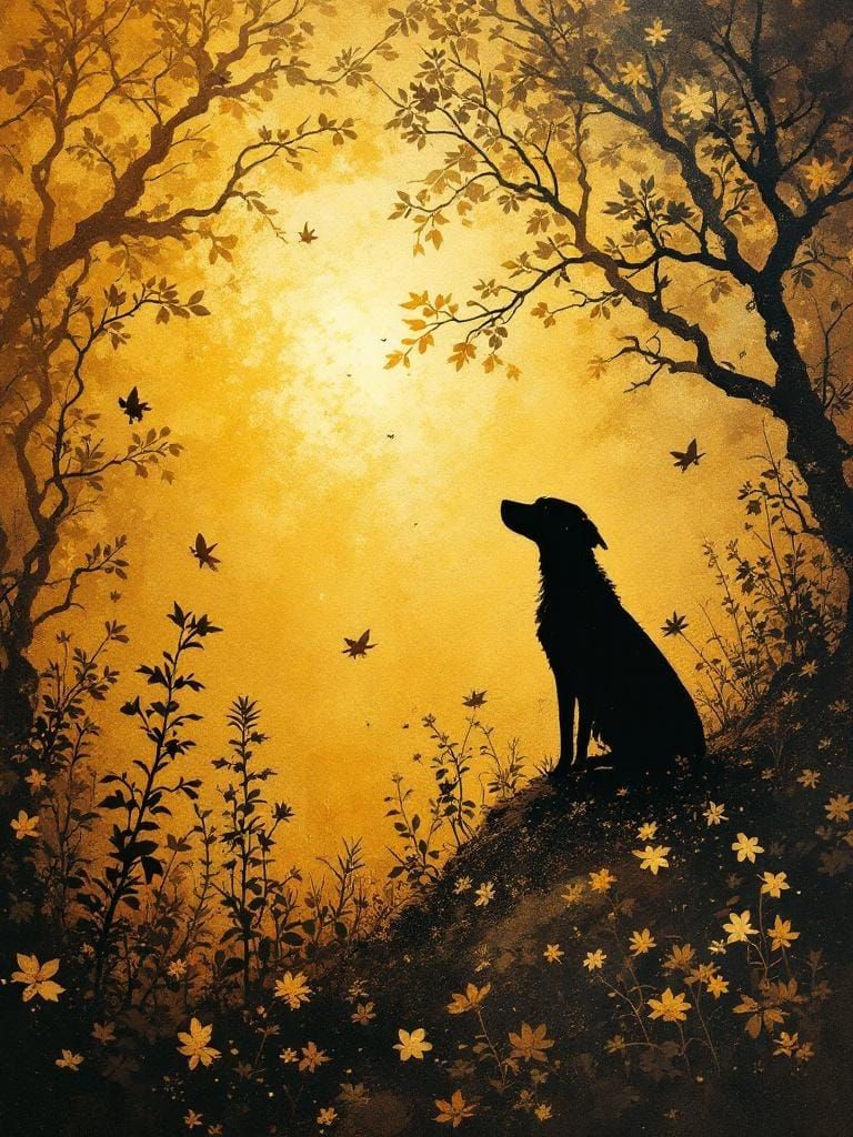 Luminous Dog in Sunny Landscape with Fairy Tale Elements