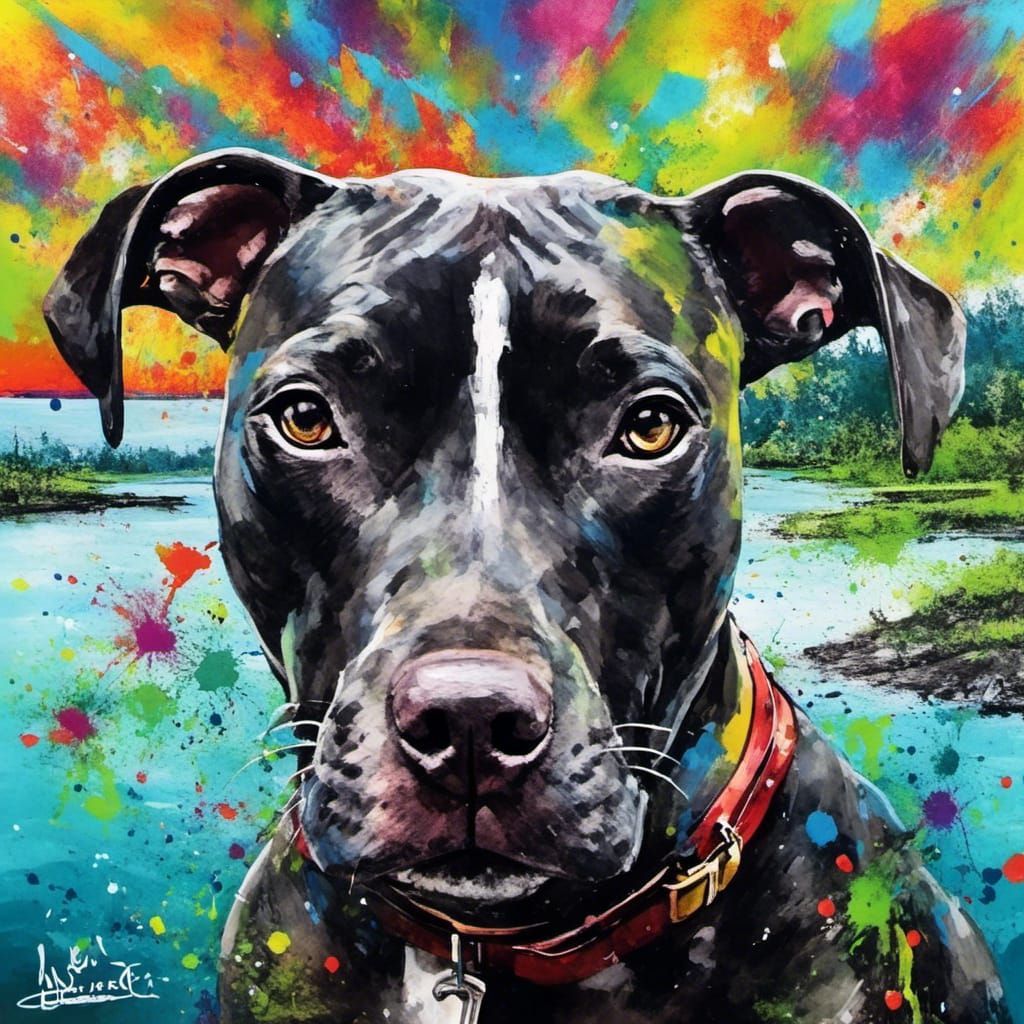 Woman and Pitbull by Lake in Graffiti Art Style