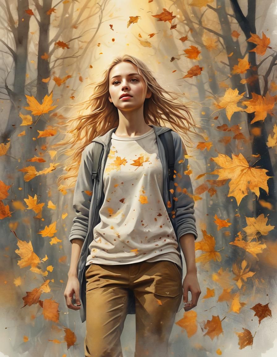 Girl in Autumn Leaves Watercolor Painting