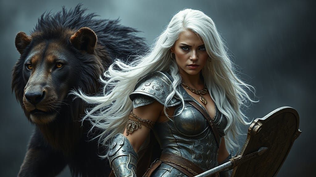 Amazon Warrior with Wolf in Dark Battlefield