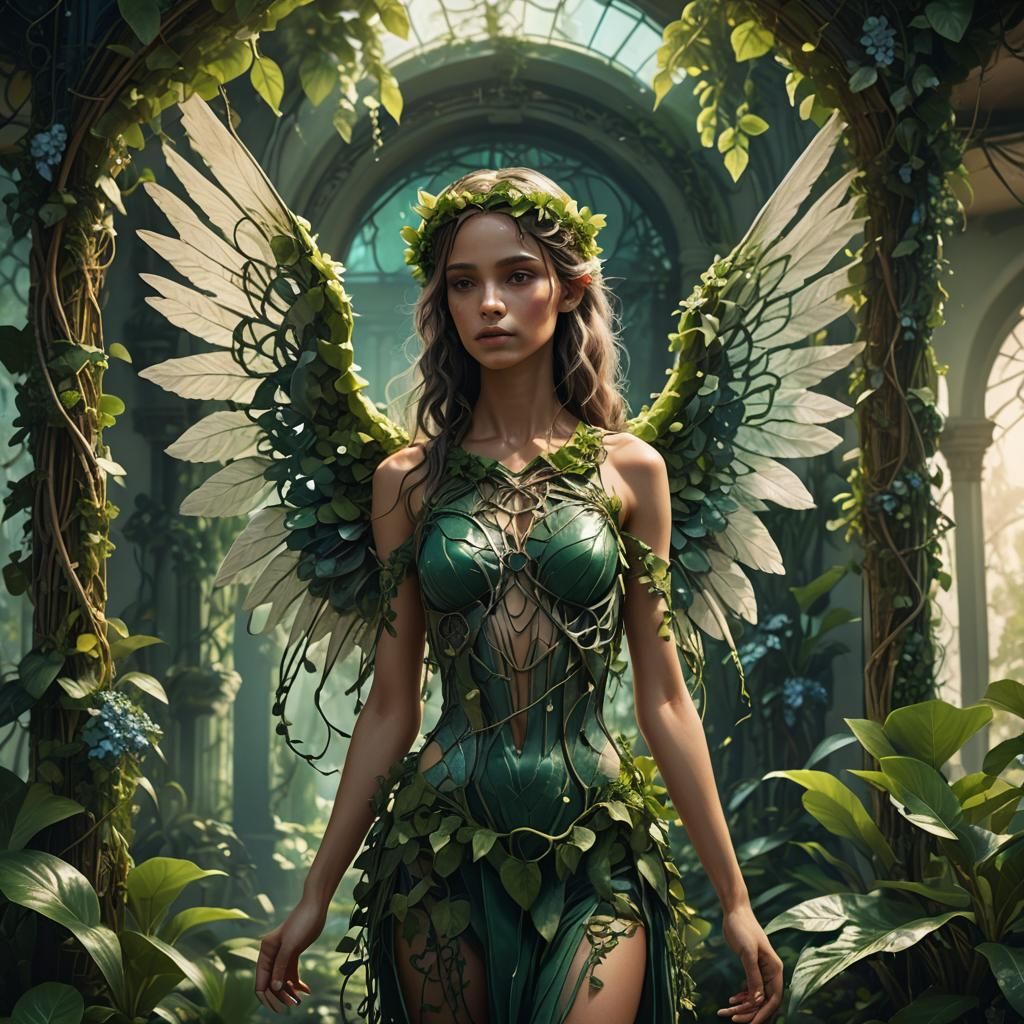 Lush Angel Surrounded by Emerald Vines