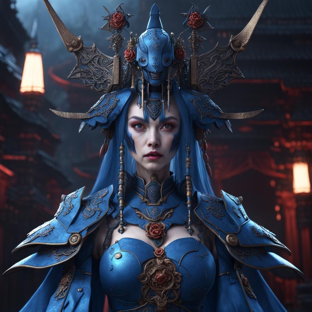 Blue Robot Vampire Samurai Queen in Detailed Matte Painting