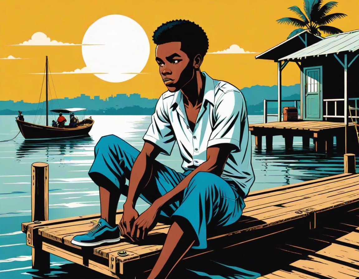 African Boy on Dock in Vintage Serigraphy Style