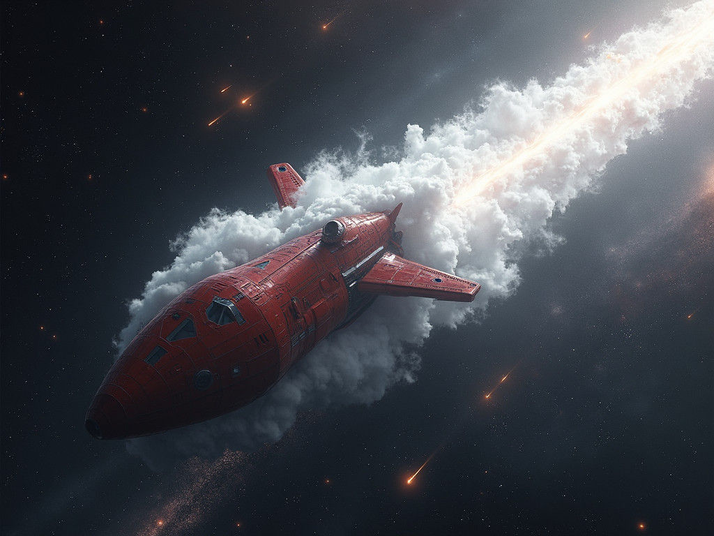 Hyper-realistic image set in space, massive white comet flying through the cosmos in it's tail is a massive spaceship pa...