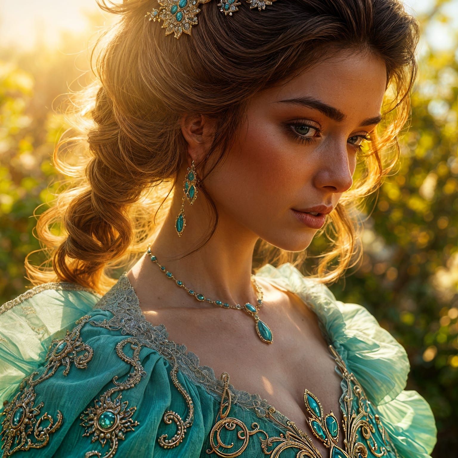 Gorgeous Woman in Turquoise Dress, Rococo Style