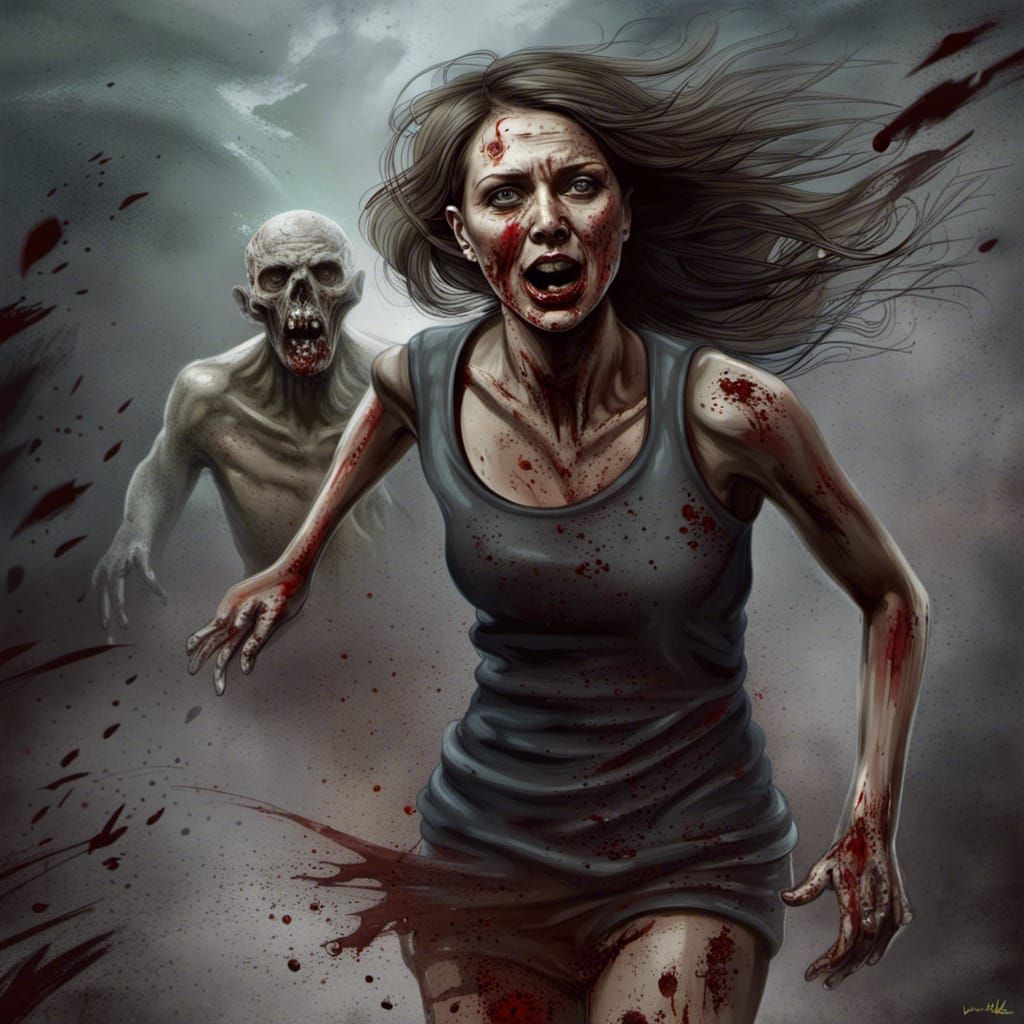 Woman Chased by Zombie in Graphic Digital Art