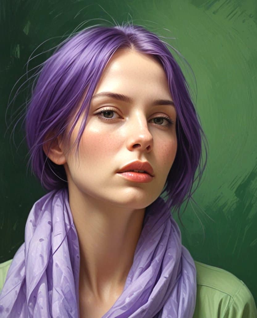 Expressive Portrait with Violet Hair, Painted Style