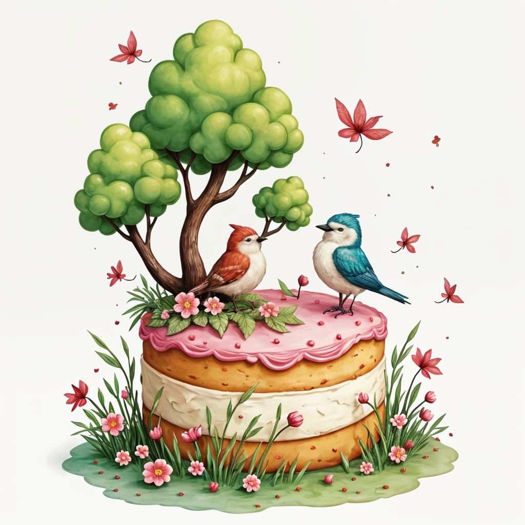 Icing Cake with Birds and Trees in Storybook Style