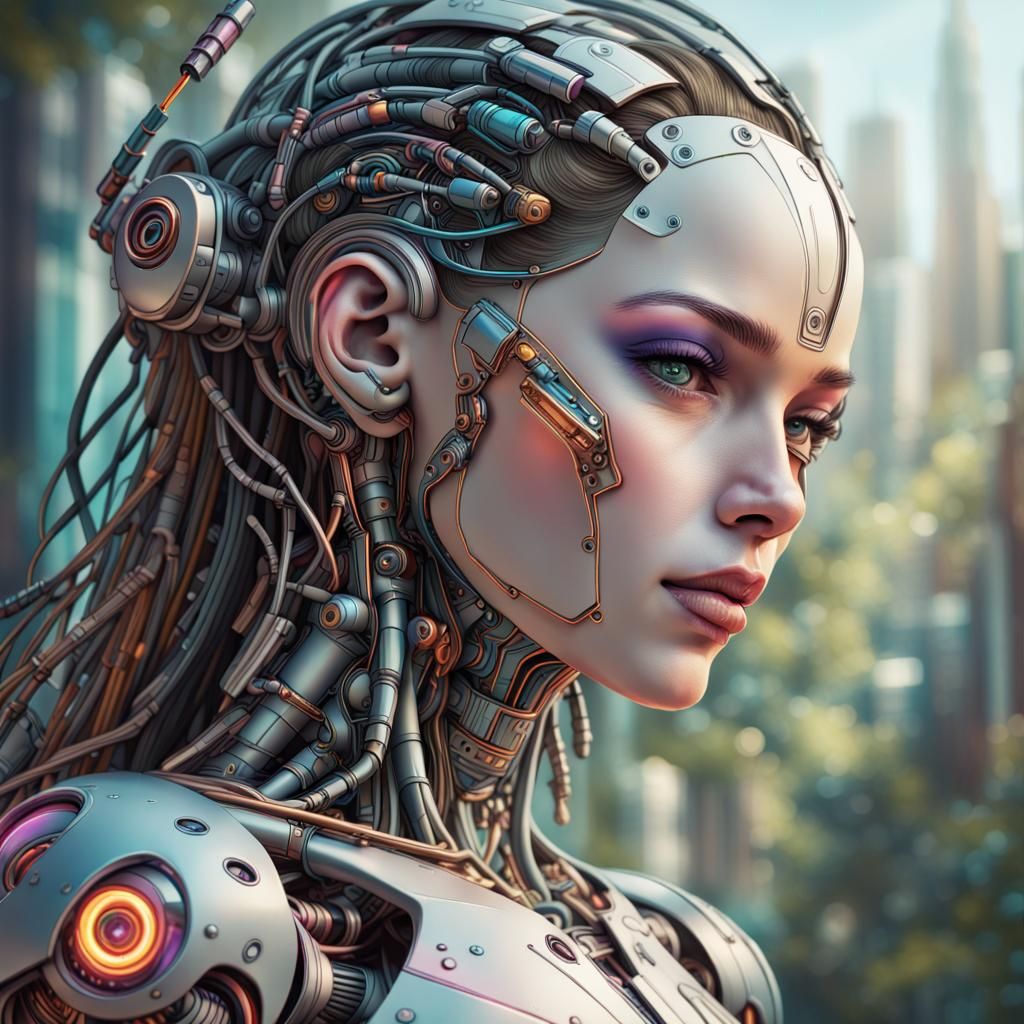 Enchanted Cyborg Portrait in Detailed Line Art